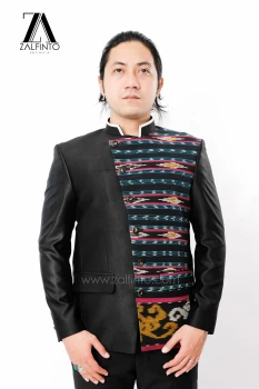 SHINY BLACK TR with NUSA TENGGARA WOVEN FABRIC COMBINATION TAILORED FIT CUSTOMIZED MANDARIN SUIT by ZALFINTO PREMIUM