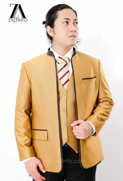 Blazer, Suit & Pants SHINY GOLD BLACK TR TAILORED FIT CUSTOMIZED MANDARIN SUIT with SUIT VEST by ZALFINTO PREMIUM 2 123_1