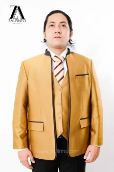 SHINY GOLD BLACK TR TAILORED FIT CUSTOMIZED MANDARIN SUIT with SUIT VEST by ZALFINTO PREMIUM