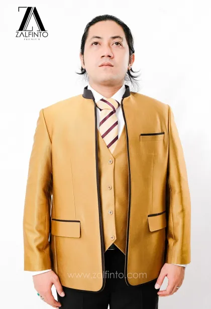 Blazer, Suit & Pants SHINY GOLD BLACK TR TAILORED FIT CUSTOMIZED MANDARIN SUIT with SUIT VEST by ZALFINTO PREMIUM 1 124_1